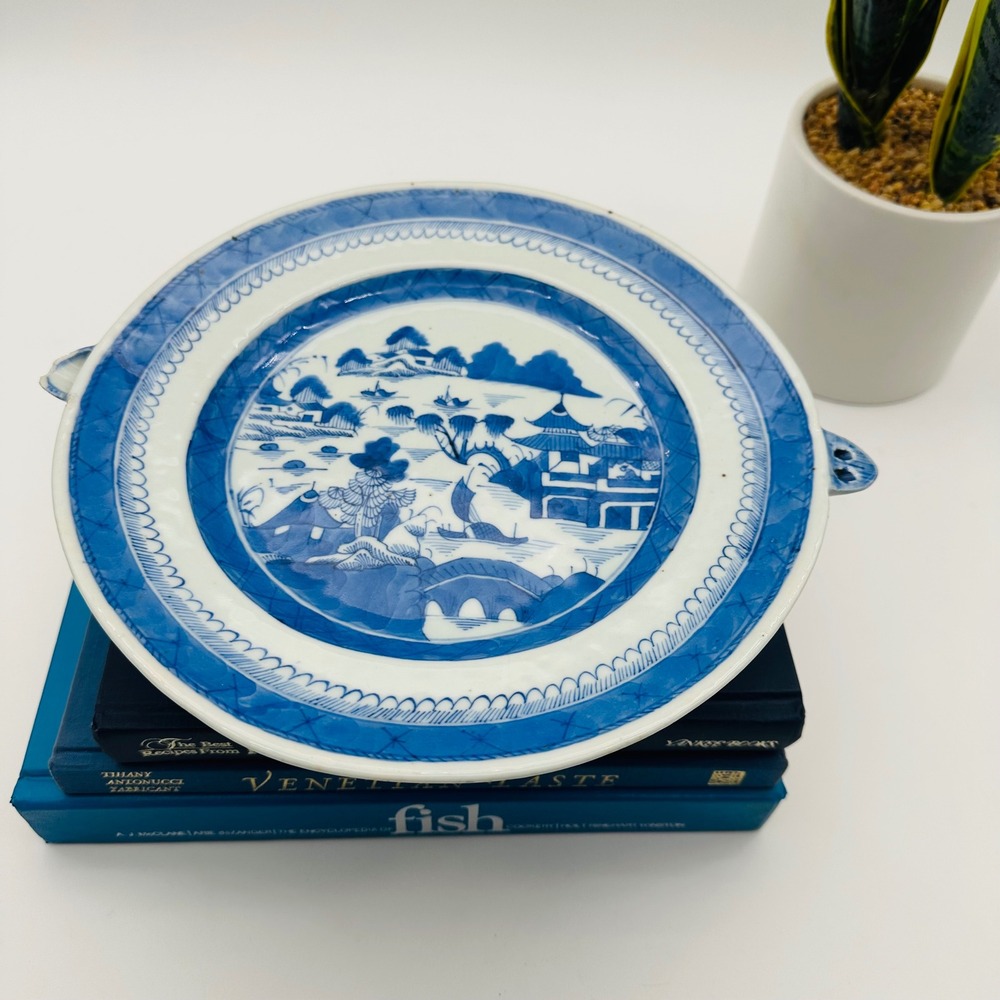 19th Century Chinese Export Canton Porcelain Blue & White Hot Water Warming Dish